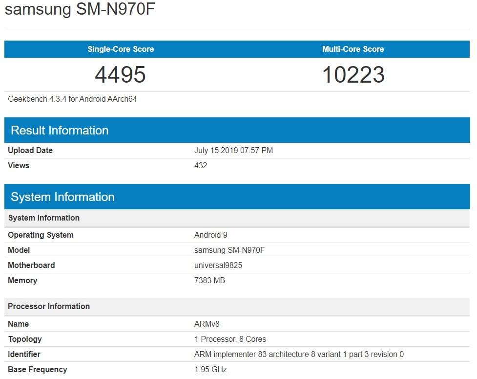 Benchmark del Samsung Galaxy Note 10 con un Exynos 9825.