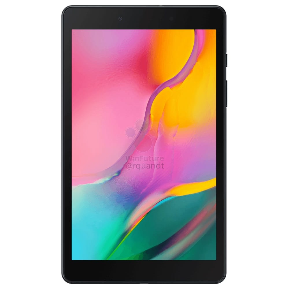 Render frontal y dorsal de la Samsung Galaxy Tab A 8'' (2019) color Carbon Black.