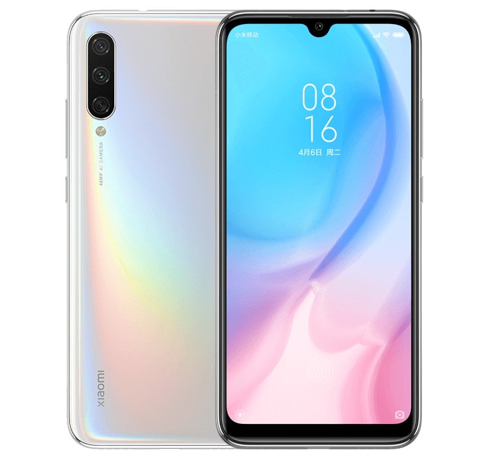Render frontal y dorsal del Xiaomi Mi CC9e color White Lover.