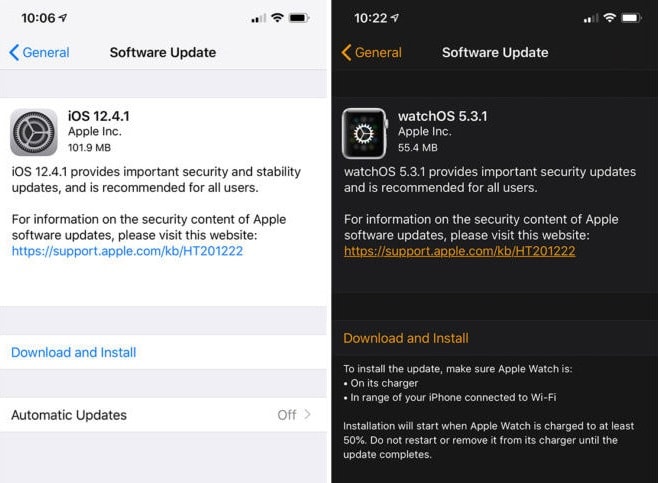 Detalles de las versiones 12.4.1 y 5.3.1 de iOS y watchOS, respectivamente.
