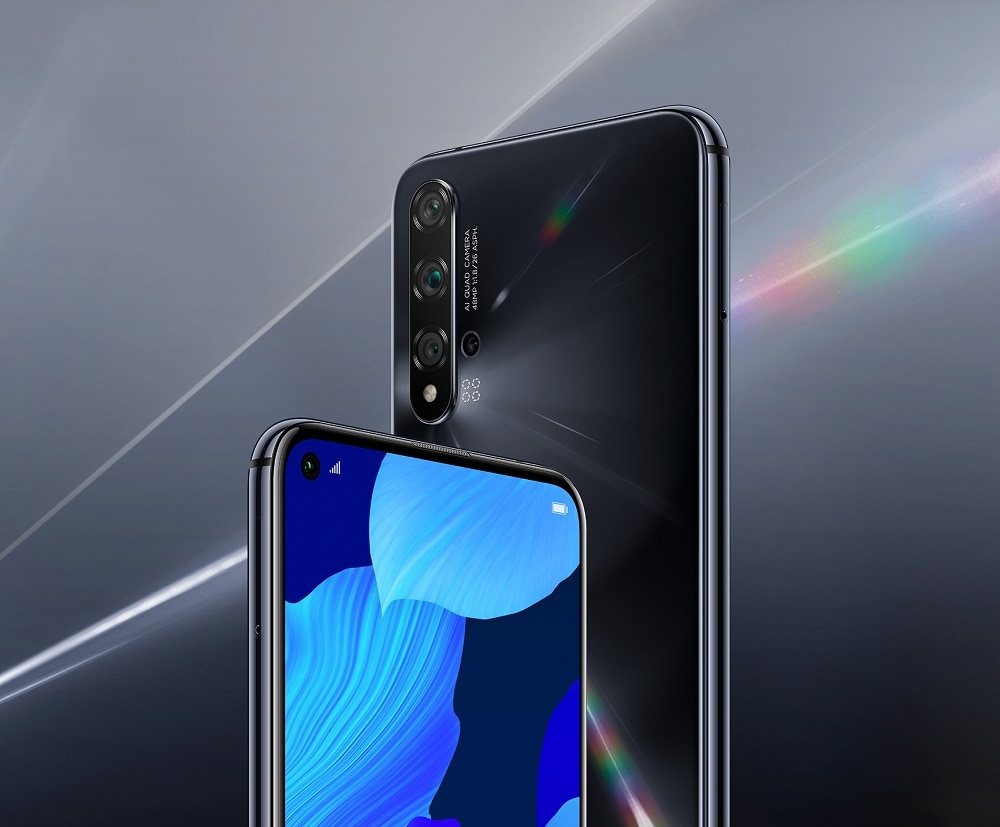Render oficial del extremo superior frontal y dorsal del Huawei Nova 5T color negro.
