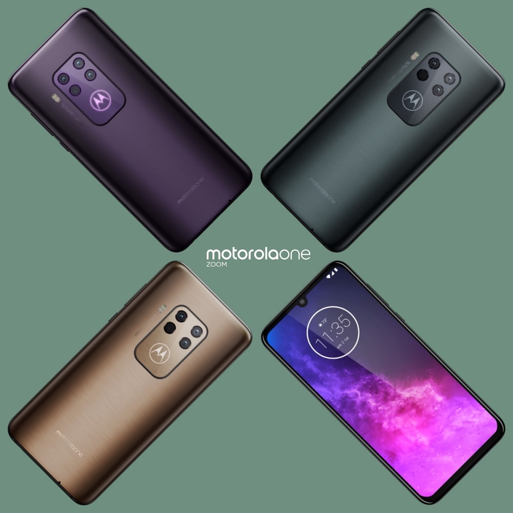Render filtrado del Motorola One Zoom en colores negro, violeta y marrón.