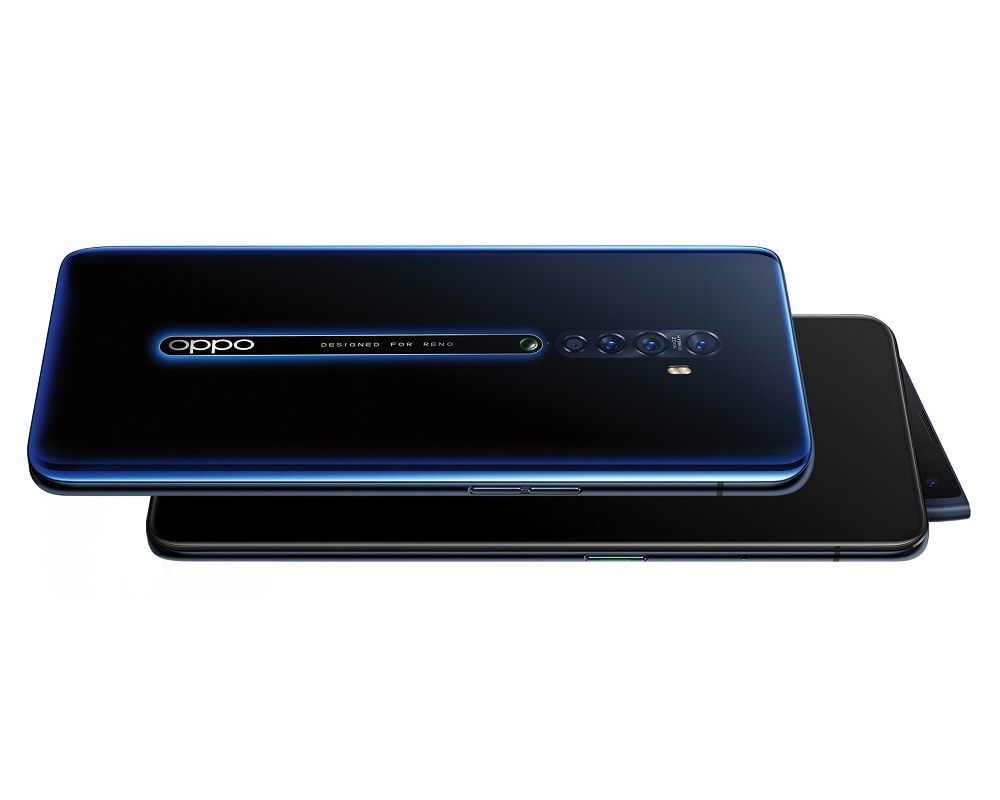 Frente y dorso del OPPO Reno 2 estándar color "Jet Black".