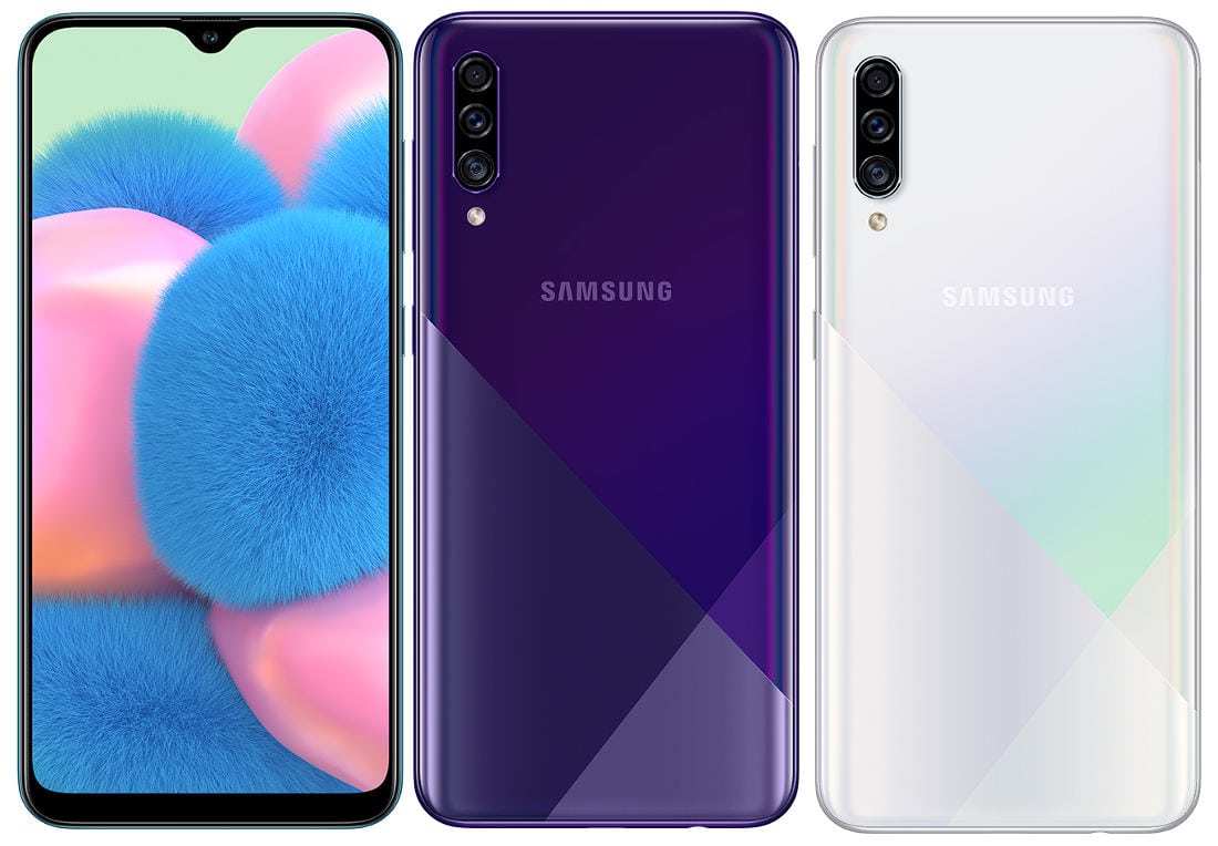 Render oficial del Samsung Galaxy A30s en colores Prism Crush Violet y Prism Crush White.