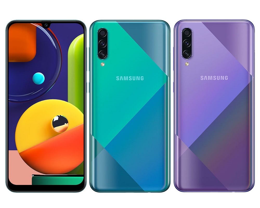 Render oficial del Samsung Galaxy A30s en colores Prism Crush Green y Prism Crush Violet.