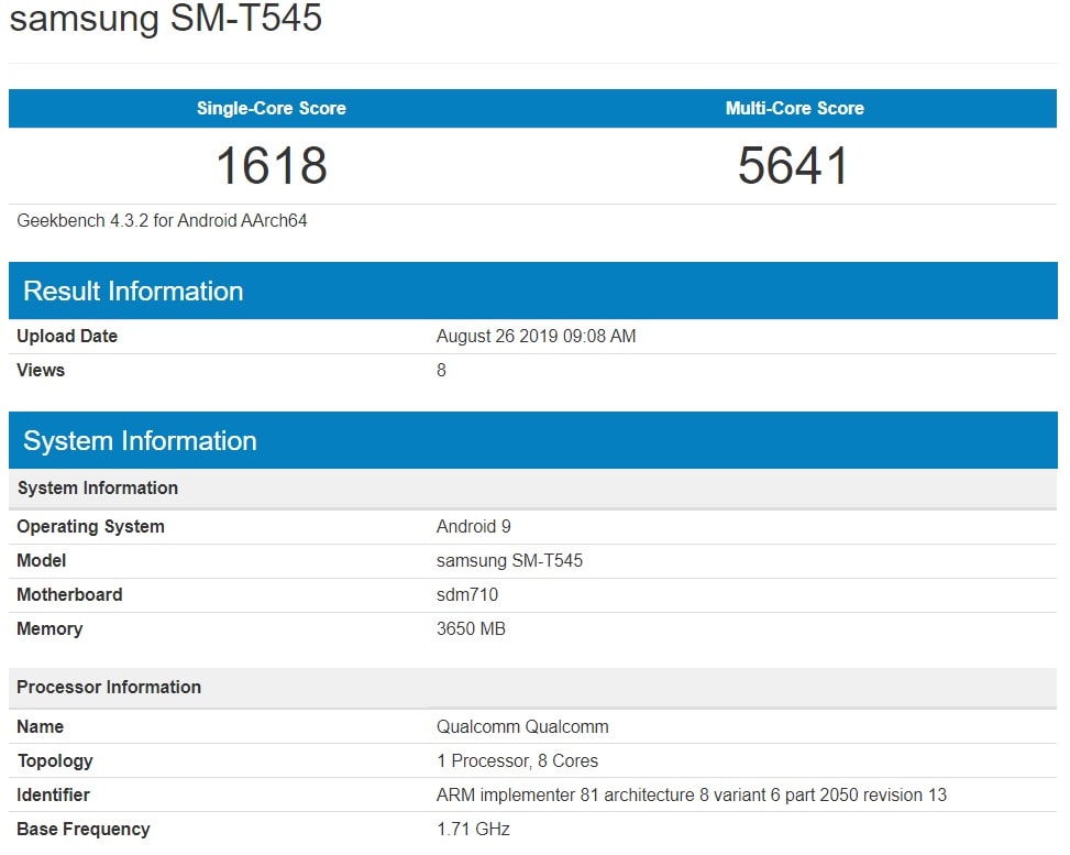 Captura de pantalla de la Samsung Galaxy Tab Active Pro 10,1'' en Geekbench.