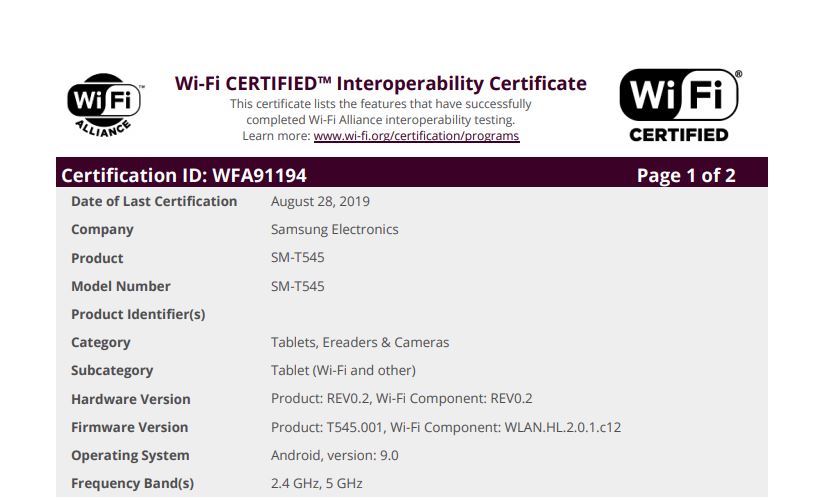 La Samsung Galaxy Tab Active Pro 10,1'' certificada en la Wi-Fi Alliance.