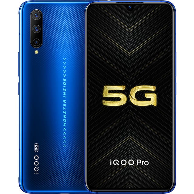 Render frontal y dorsal del Vivo IQOO Pro 5G color azul. 