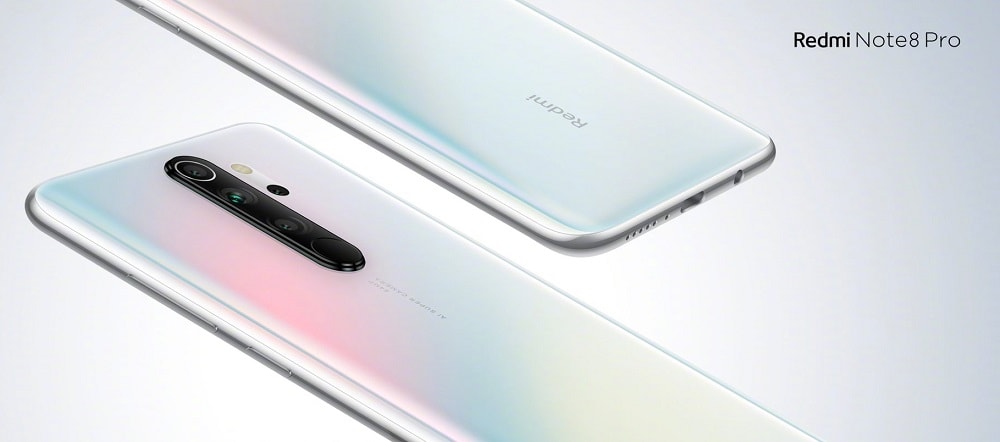 Render publicitario oficial del Xiaomi Redmi Note 8 Pro color blanco.