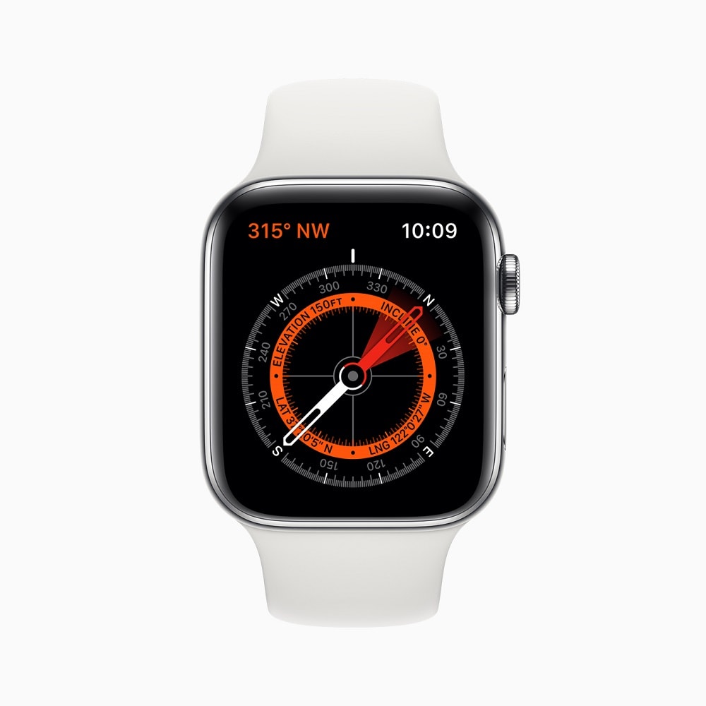 Render frontal del Apple Watch 5 con carcasa de aluminio.