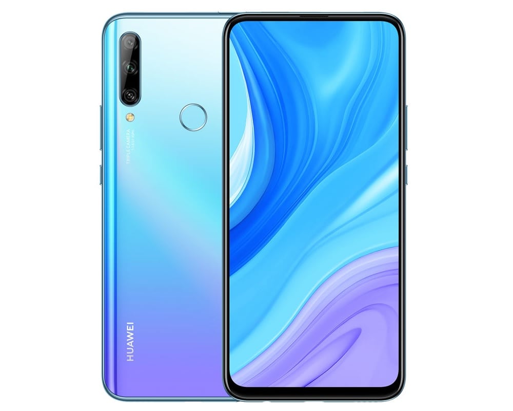 Frente y dorso del Huawei Enjoy 10 Plus color celeste.