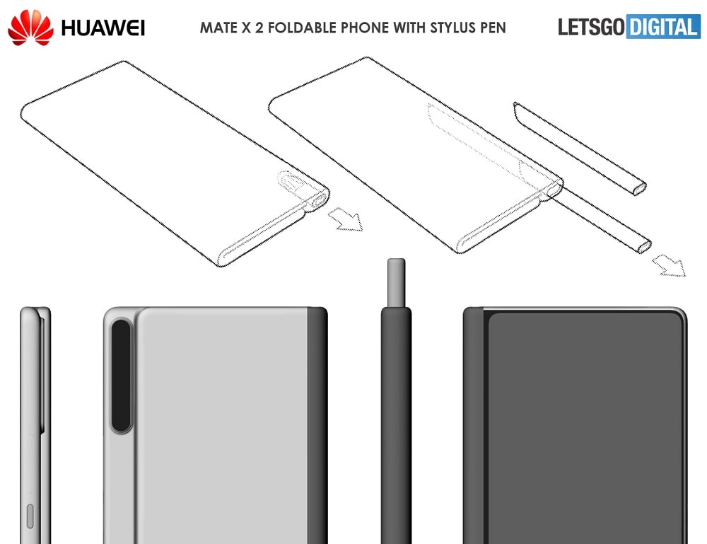 Patente del Huawei Mate X 2 mostrando su diseño desde varios ángulos.
