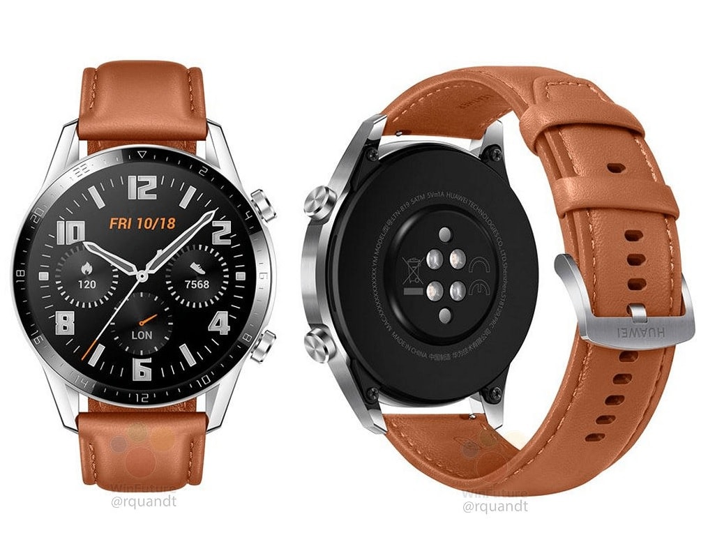 Render filtrado del frente y dorso del Huawei Watch GT 2.