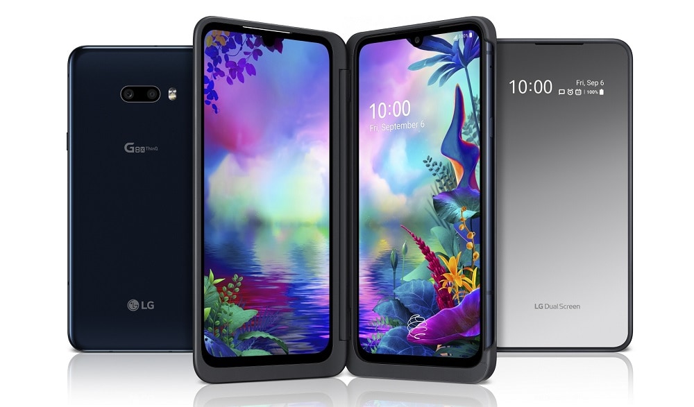 Frente y dorso del LG G8X ThinQ equipado con el LG DualScreen.