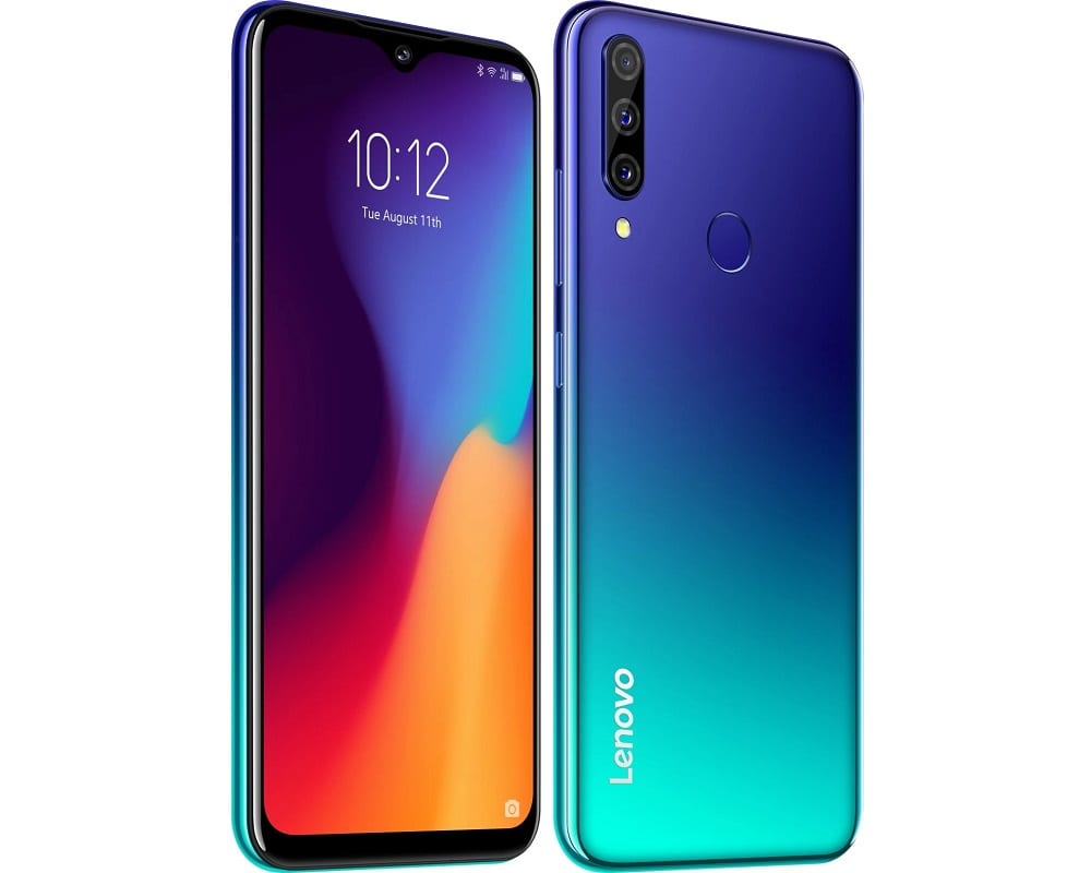 Frente y dorso del Lenovo K10 Plus con cámara triple y en color azul difuminado.