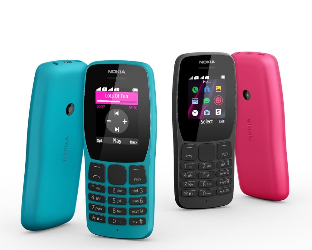 Nokia 110 (2019) en colores cian y magenta.