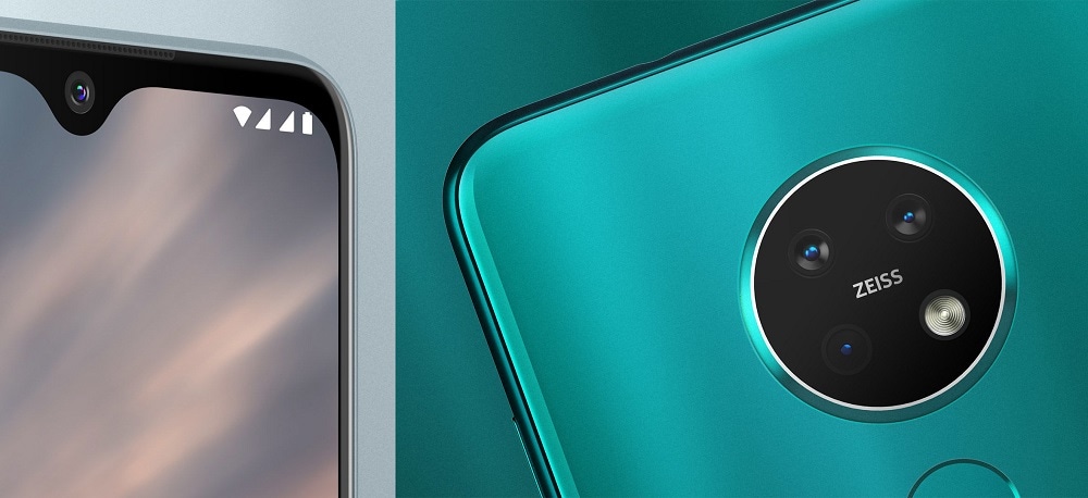 Cámara posterior triple y muesca frontal del Nokia 7.2 color Cian Green.