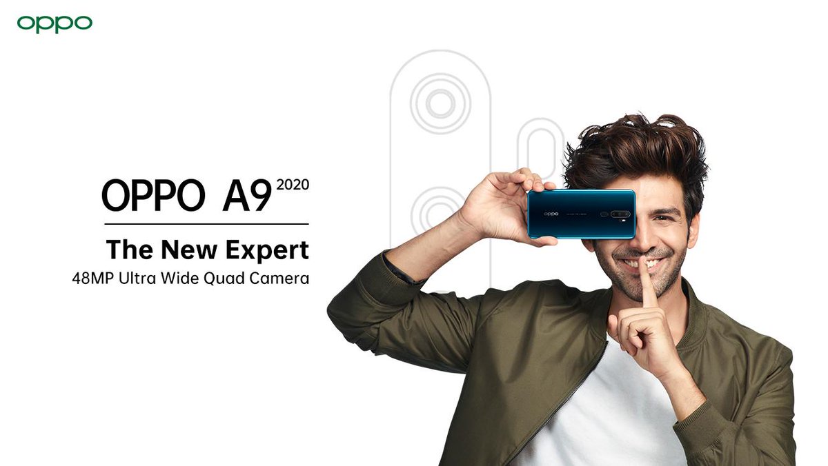 Render publicitario del OPPO A9 (2020) con cámara posterior cuádruple.