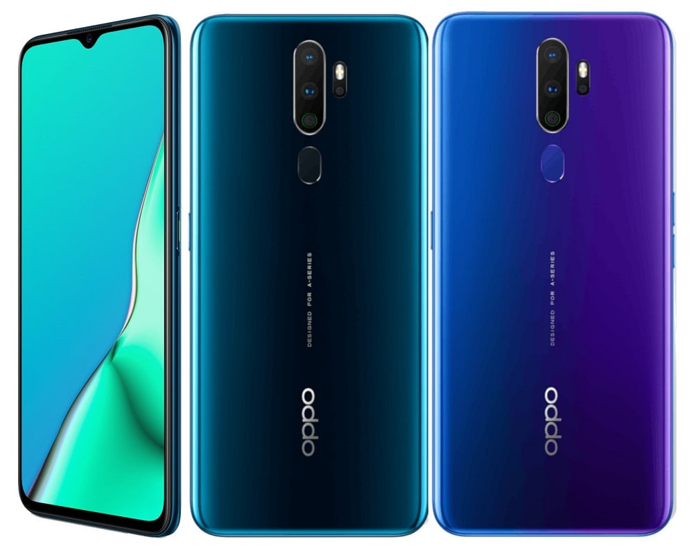 Render frontal y dorsal del OPPO A9 (2020) en colores Marine Green y Space Purple.