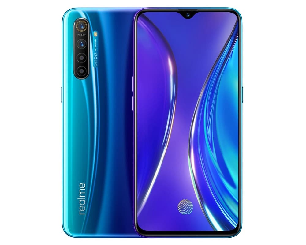 Render frontal y dorsal del OPPO Realme X2 color Pearl Blue.