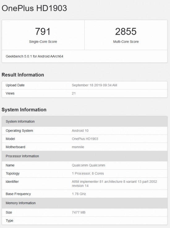 Captura de pantalla del OnePlus 7T en la base de datos de Geekbench.