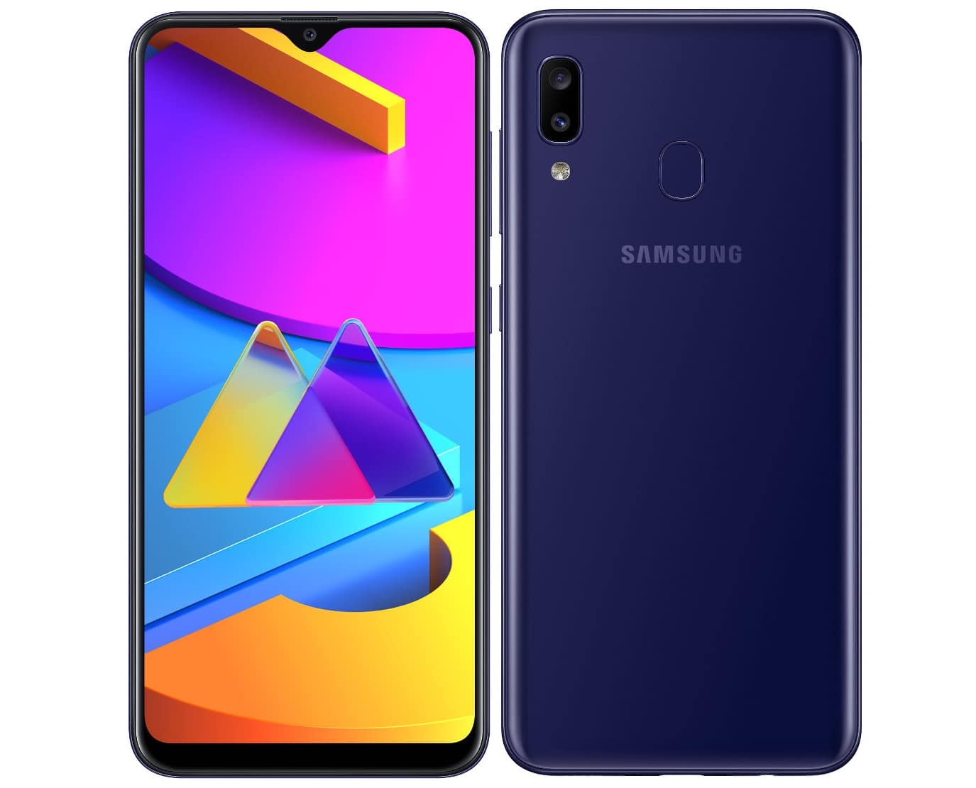 Frente y dorso del Samsung Galaxy M10s color "Stone Blue".