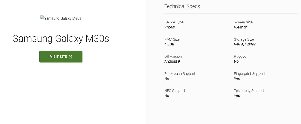 Captura de pantalla de las especificaciones filtradas del Samsung Galaxy M30s.