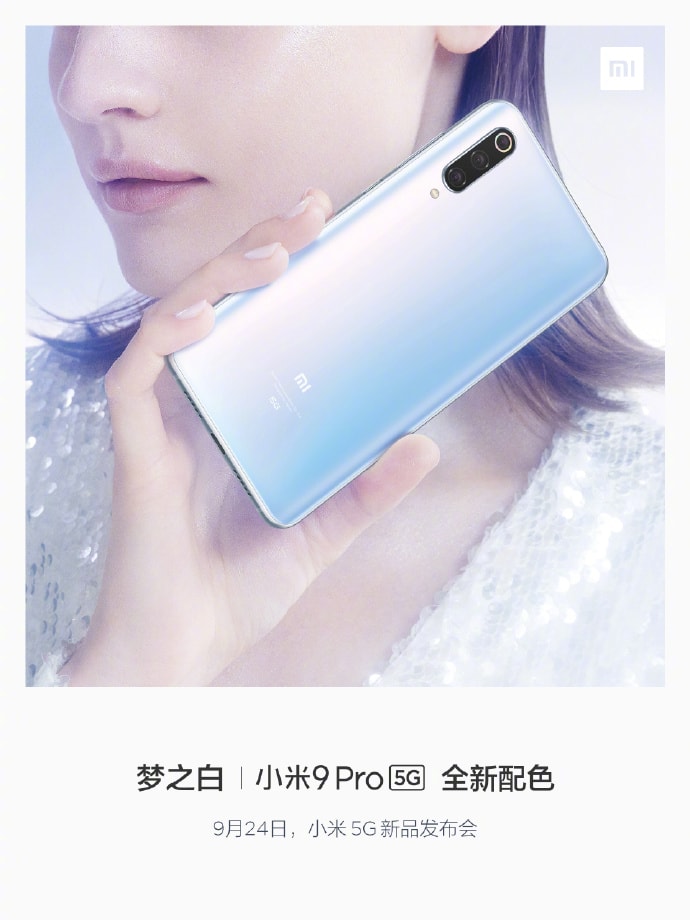 Render publicitario del Xiaomi Mi 9 Pro 5G color blanco iridiscente.