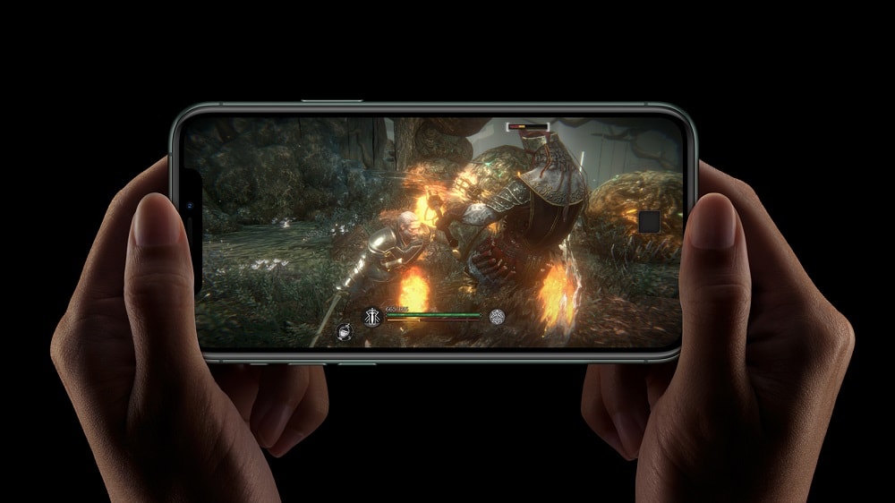 Ilustración del iPhone 11 Pro corriendo uno de los títulos exclusivos de Apple Arcade.