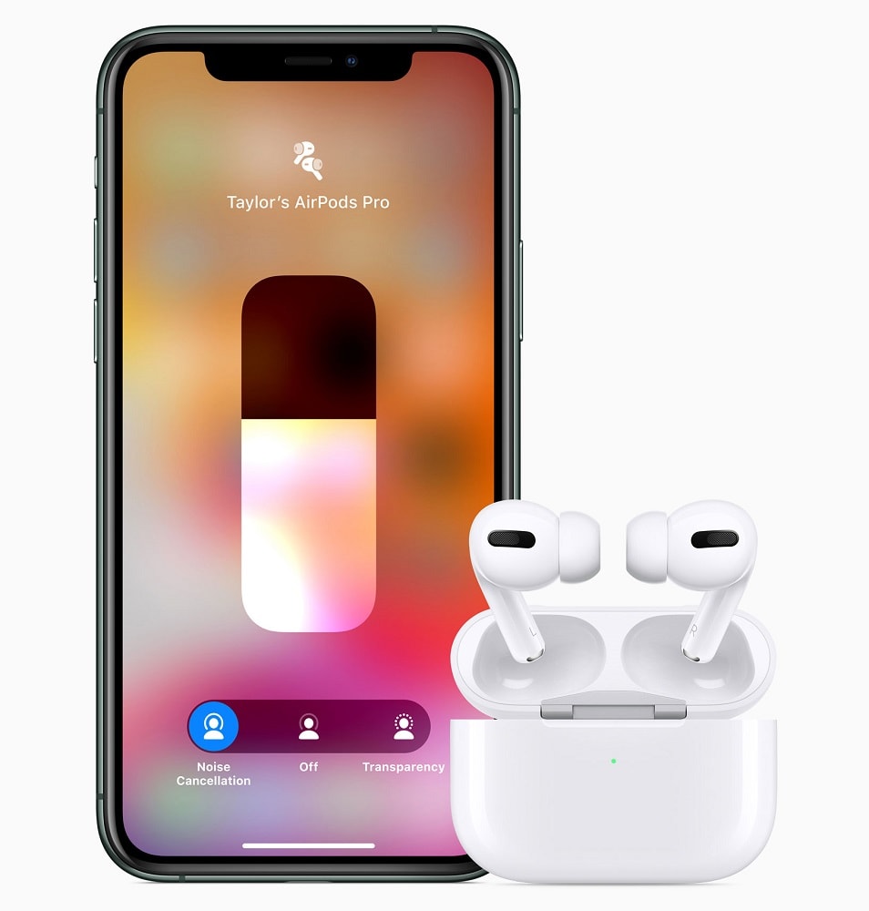 Ilustración de los Apple AirPods Pro en su compartimento.