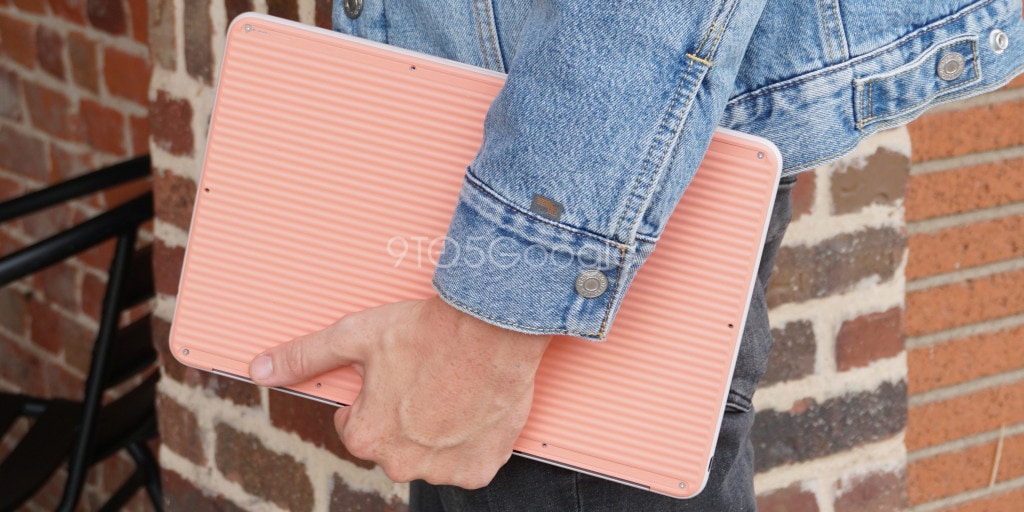 Foto de la superficie de apoyo de la Google Pixelbook Go color Not Pink.