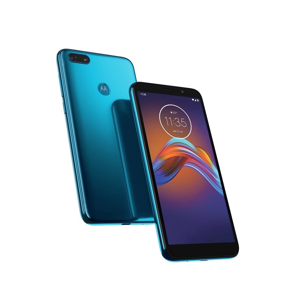Render frontal y dorsal del Motorola Moto E6 Play color Tranquil Teal.