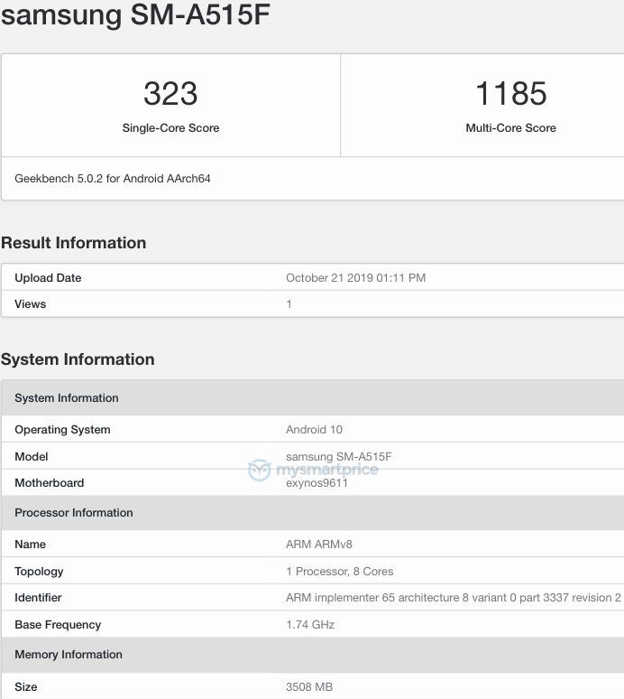 Benchmark del Samsung Galaxy A51 revelando algunas de sus características.