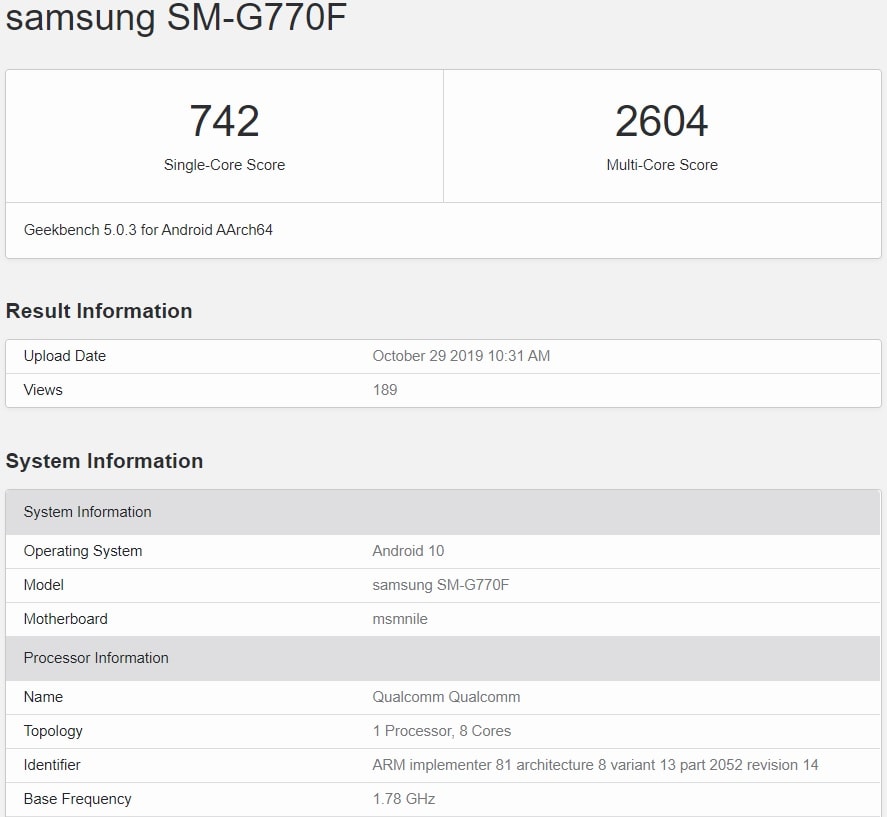 Prueba de rendimiento del Samsung Galaxy S10 Lite realizada con Geekbench 5.
