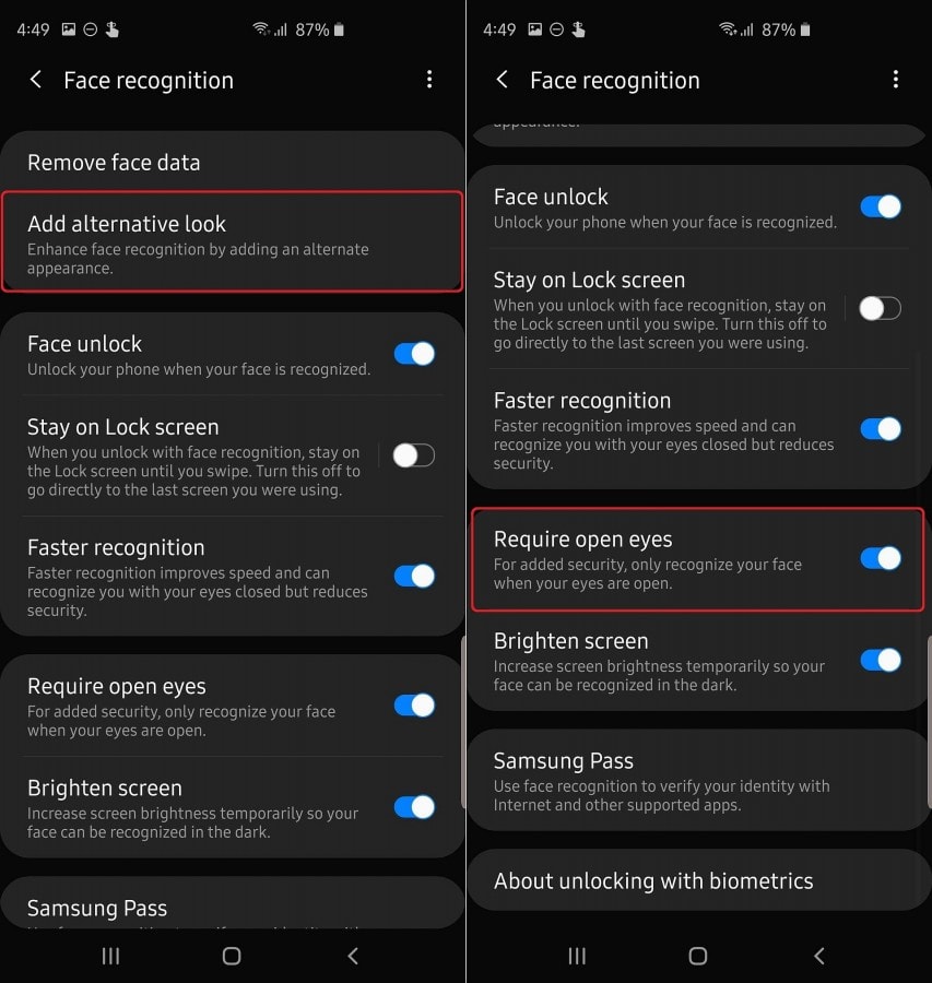 Captura de pantalla de las nuevas modificaciones de Samsung One UI 2.0 en detección facial.