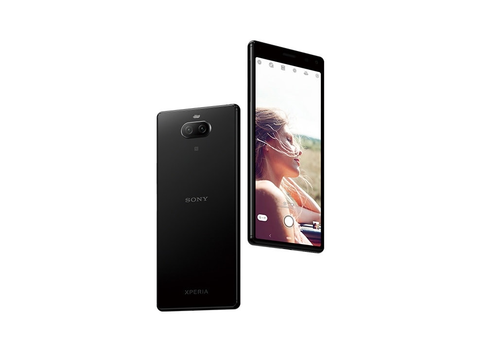 Diseño frontal y dorsal del Sony Xperia 8 color negro.