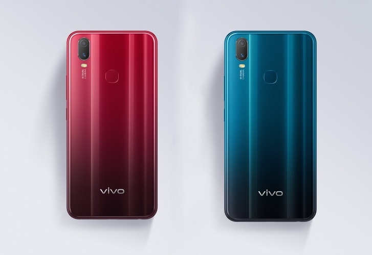 Diseño posterior del Vivo Y11 (2019) en colores Coral Red y Jade Green.