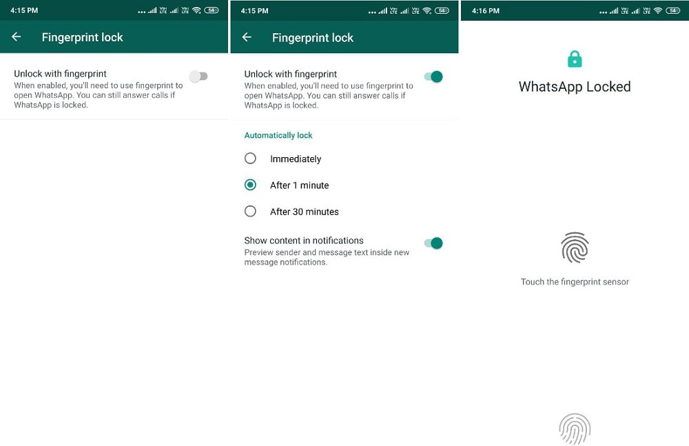 Ilustración de cómo activar la identificación de huellas dactilares en WhatsApp.