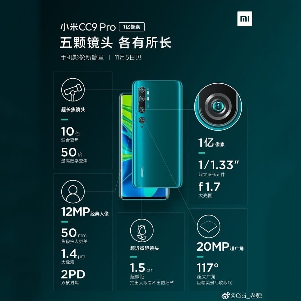 Infografía oficial del Xiaomi Mi CC9 Pro revelando los detalles de su cámara quíntuple.