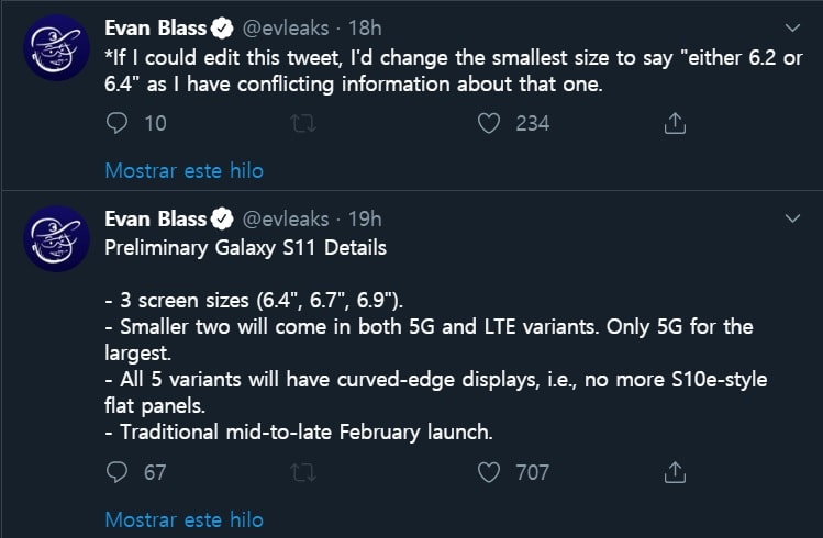 Características de los Samsung Galaxy S11 según Evan Blass.