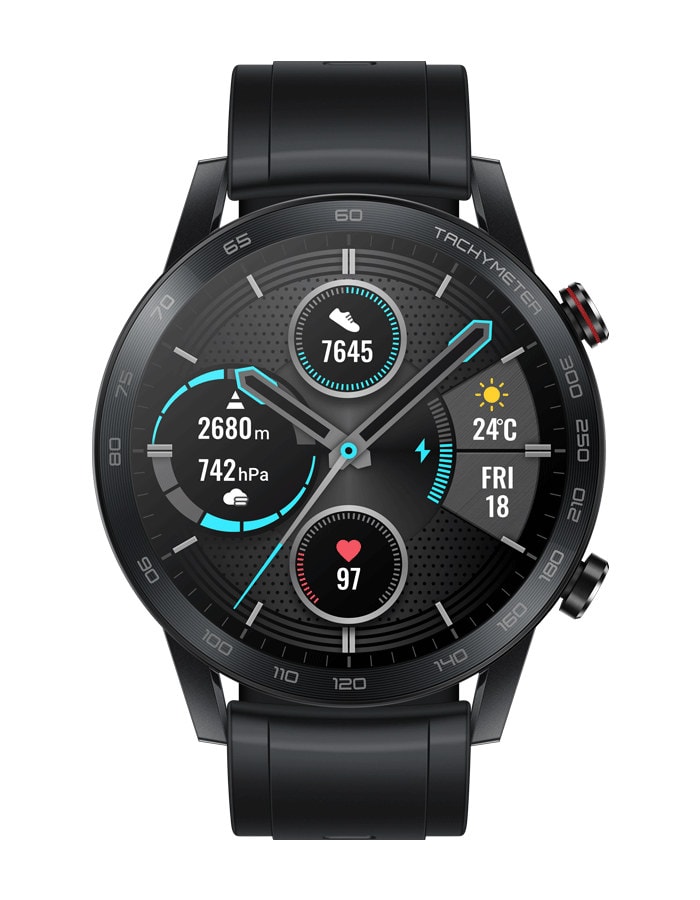 Diseño frontal del Huawei Honor MagicWatch 2 con malla de silicona.