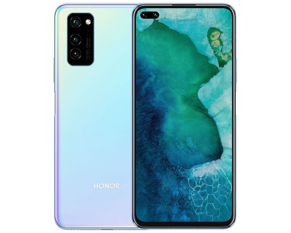 Diseño frontal y dorsal del Huawei Honor V30 color Pearl White.