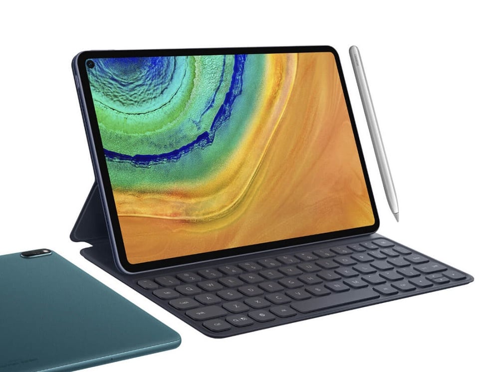 Render oficial de la Huawei MatePad Pro con su M-Pencil y su carcasa protectora con teclado.