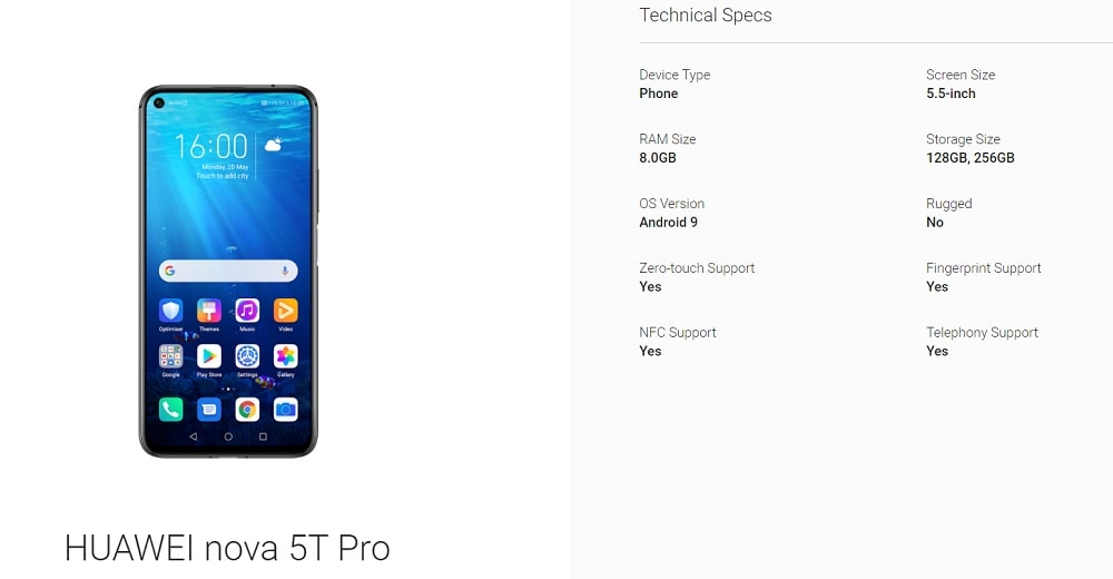 Características de hardware del Huawei Nova 5T Pro reveladas por Android Enterprise.