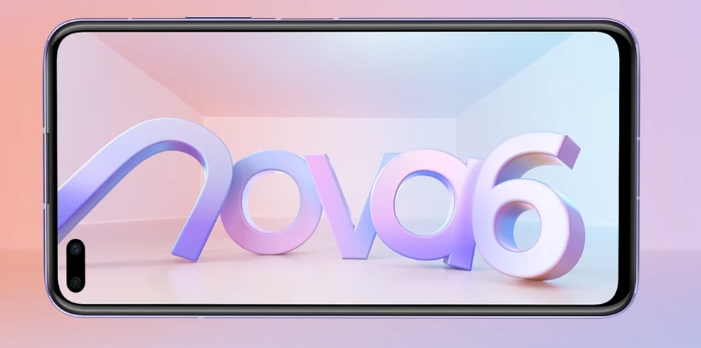 Diseño frontal oficial del Huawei Nova 6 5G con cámara frontal dual incrustada.