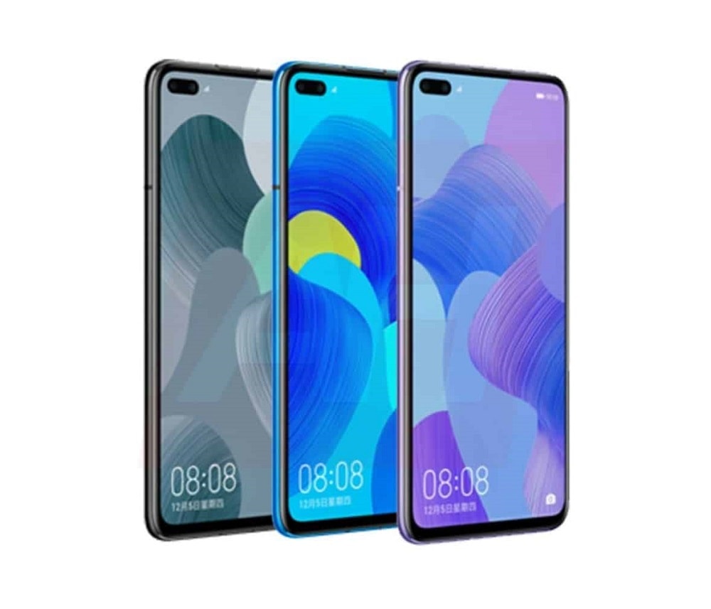Diseño frontal del Huawei Nova 6 en tres colores diferentes.