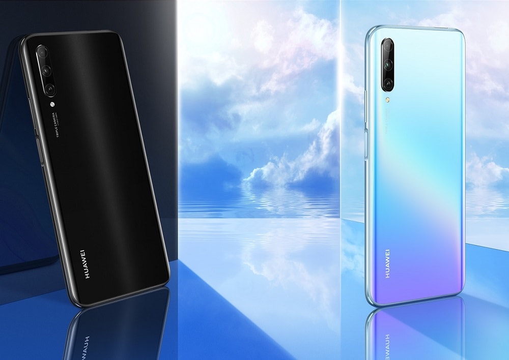 Diseño dorsal del Huawei Y9s en colores Midnight Black y Breathing Crystal.