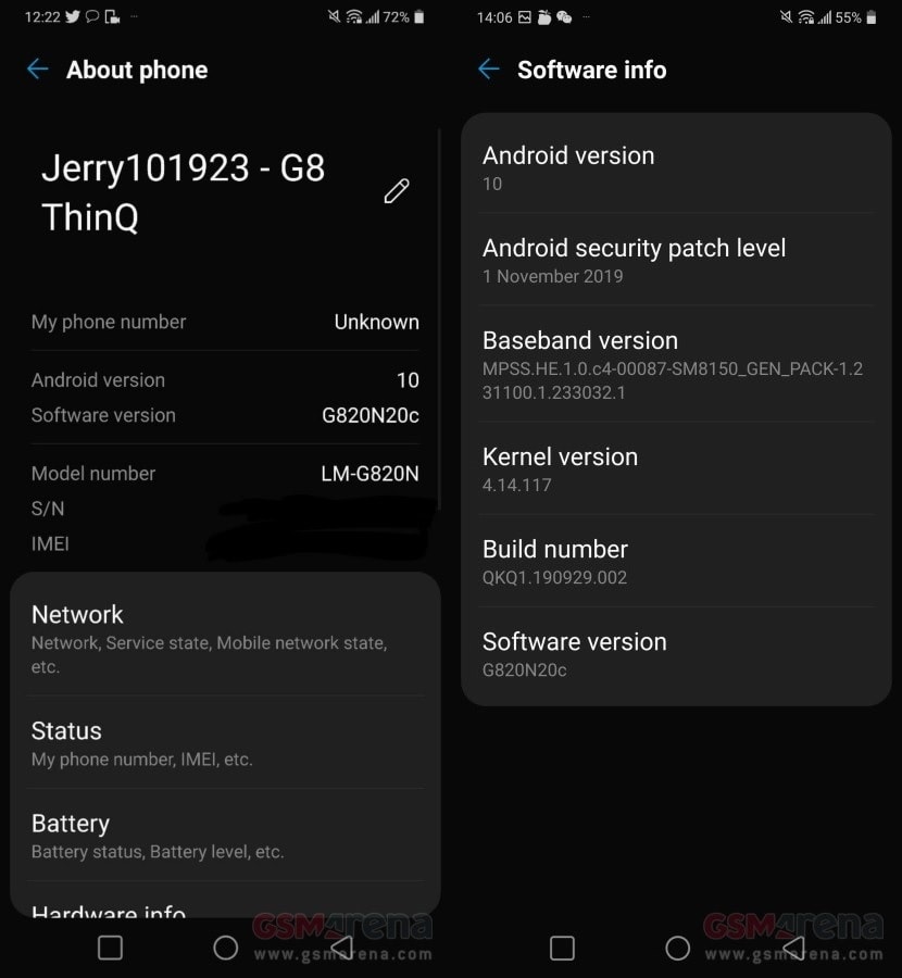 Captura de pantalla de la actualización a Android 10 del LG G8 ThinQ.