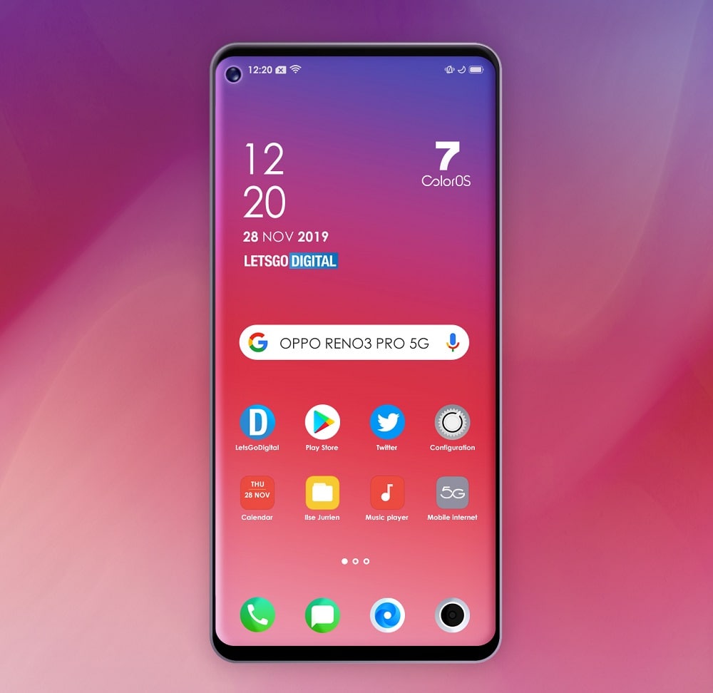 Diseño frontal filtrado del OPPO Reno 3 5G con cámara frontal incrustada.