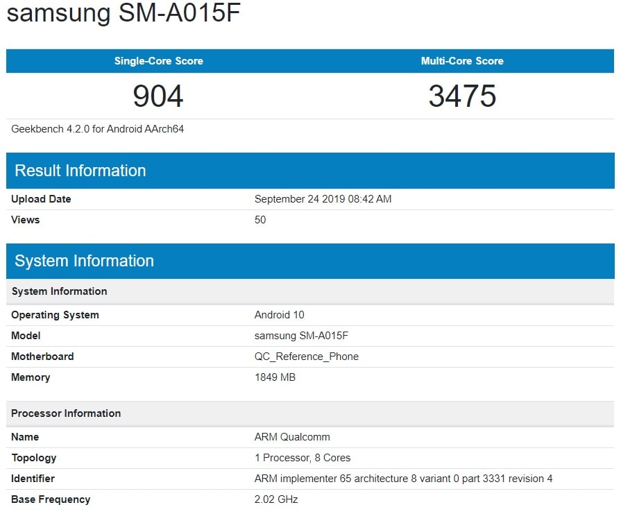 Prueba de rendimiento del Samsung Galaxy A01 en la app Geekbench.